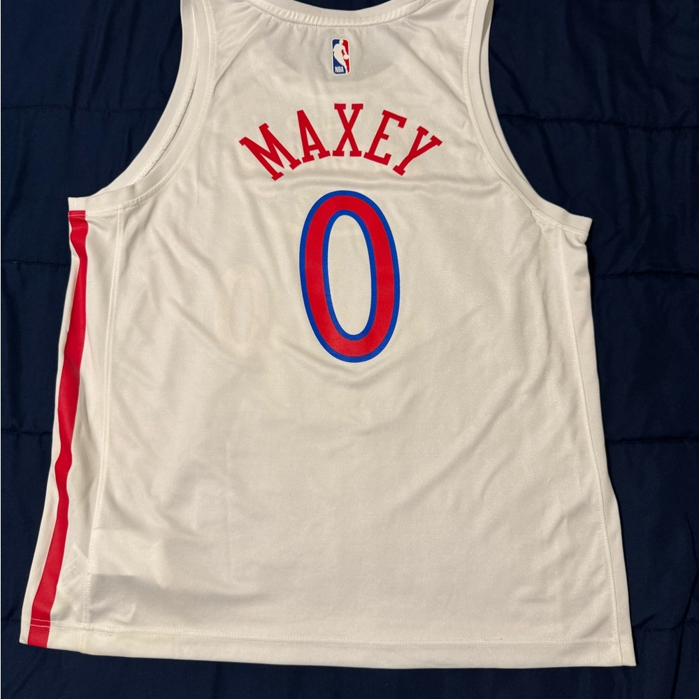 Tyrese Maxey White Basketball Jersey with Red and Blue Accents